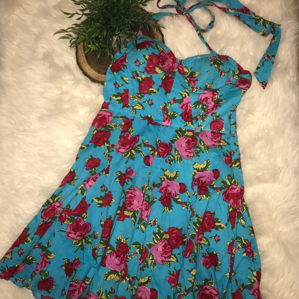 Betsey Johnson Bright Floral Halter Swing Pinup Girl Dress